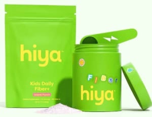 Hiya Kids Daily Fiber Supplement on a light green background.