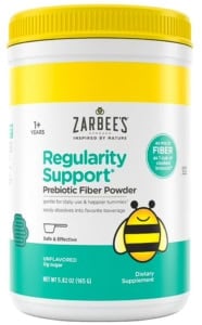 Container of Zarbee's regularity support fiber powder for kids on a white background.