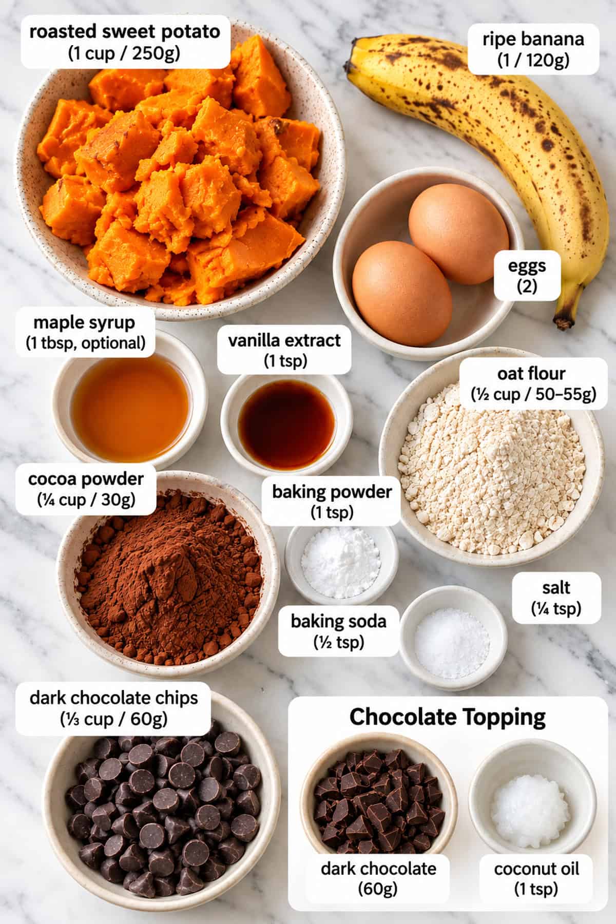 Ingredients for chocolate sweet potato muffins recipe on a marble countertop.