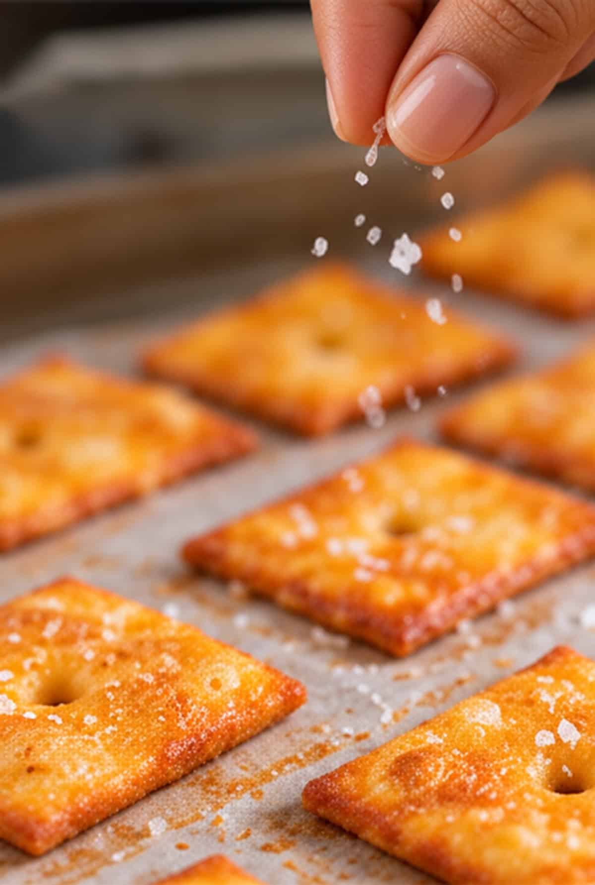 Homemade cheez-its on a baking sheet lined with parchment paper, with salt sprinkled on top.