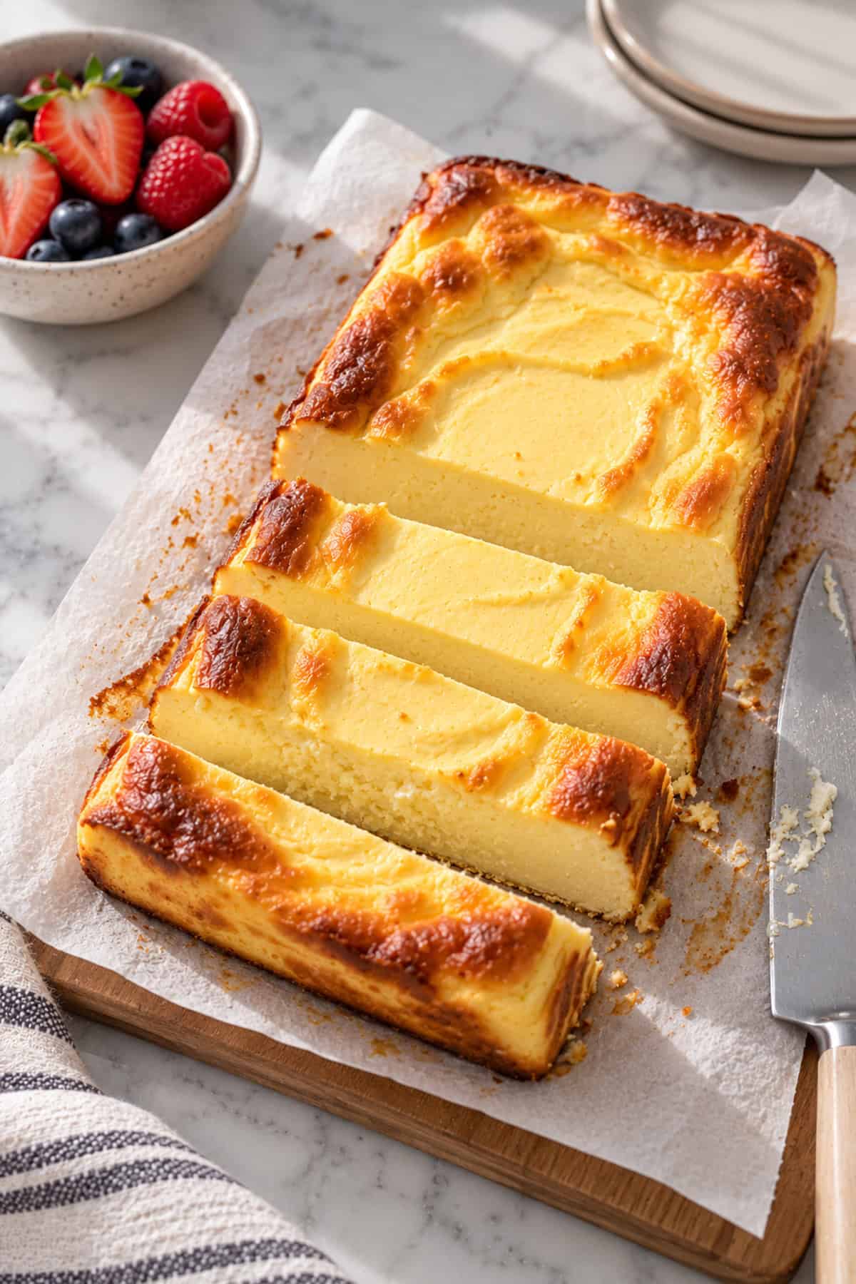 Sliced cheesecake on a sheet of parchment paper.