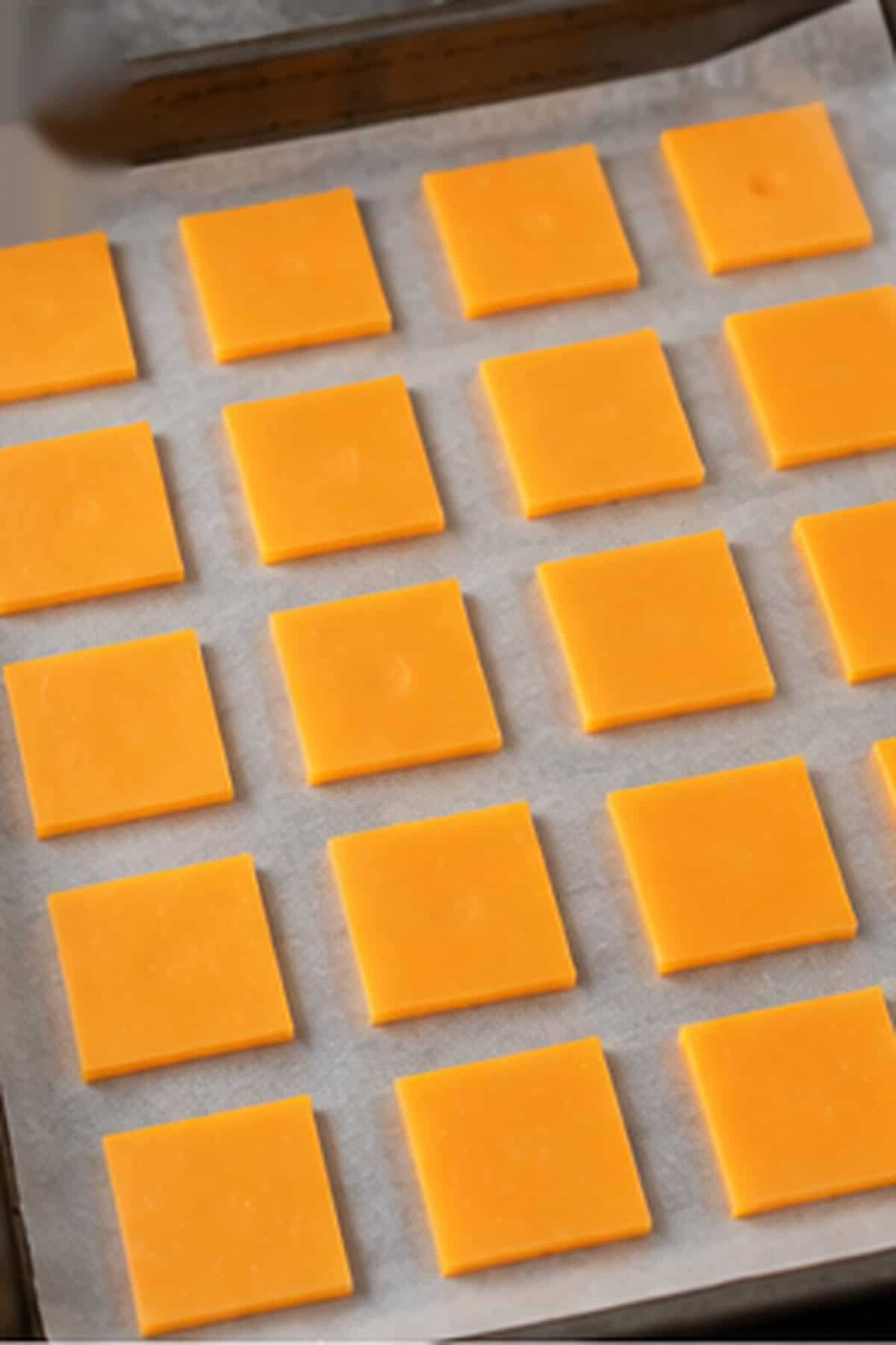 Cheddar cheese slices on a baking sheet lined with parchment paper.