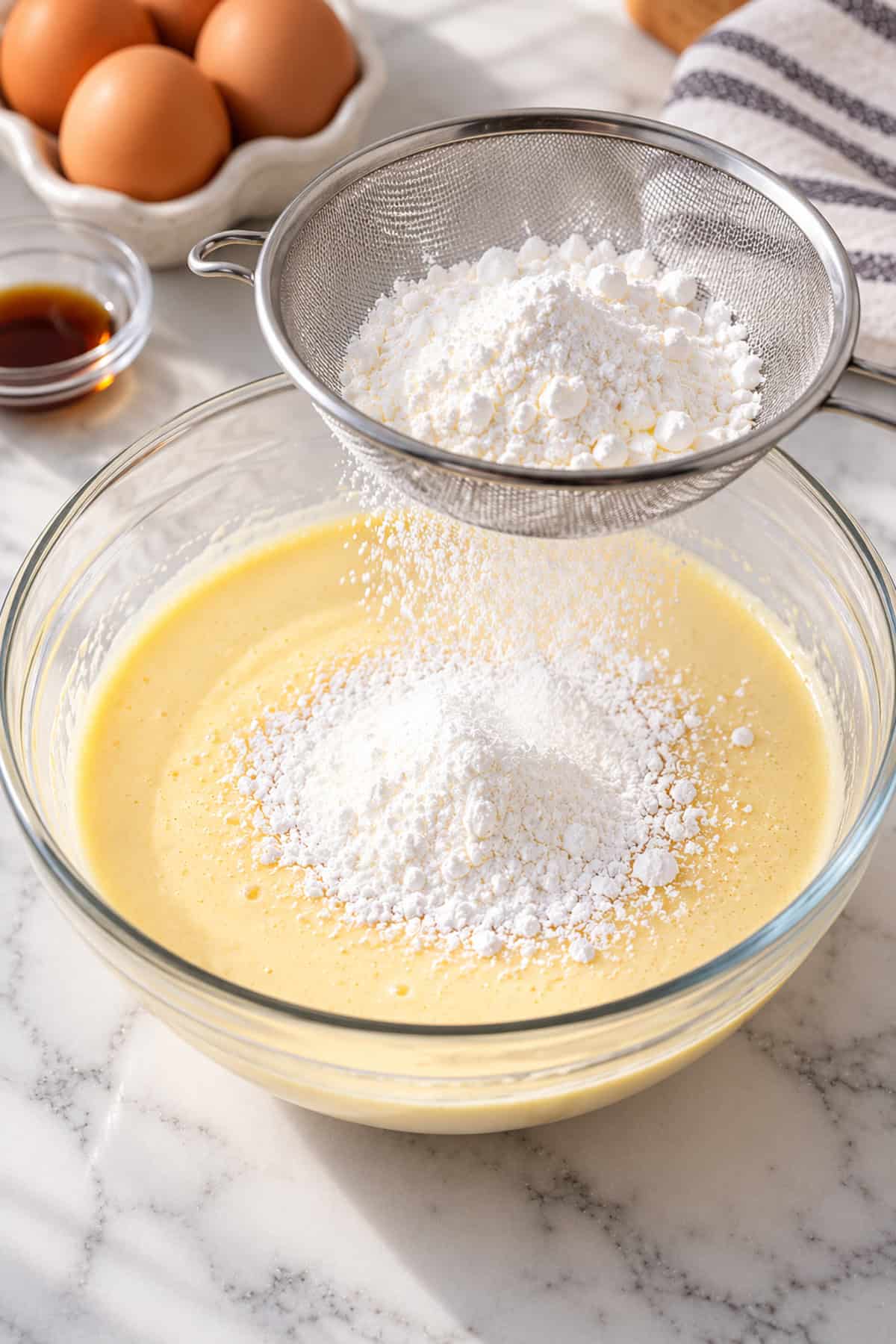 Dry ingredients sifted into wet ingredients in a bowl.
