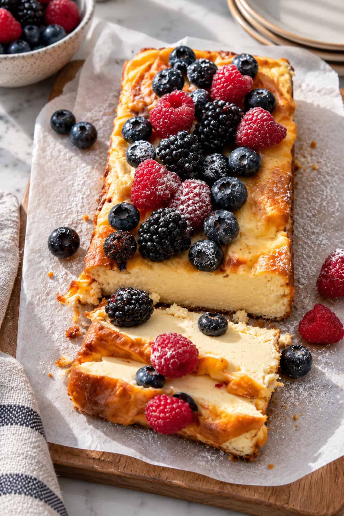 Healthy cheecake topped with berries, sliced on a cutting board lined with parchment paper.