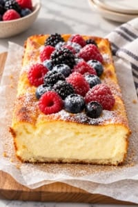 Healthy cheecake topped with berries, sliced on a cutting board lined with parchment paper.