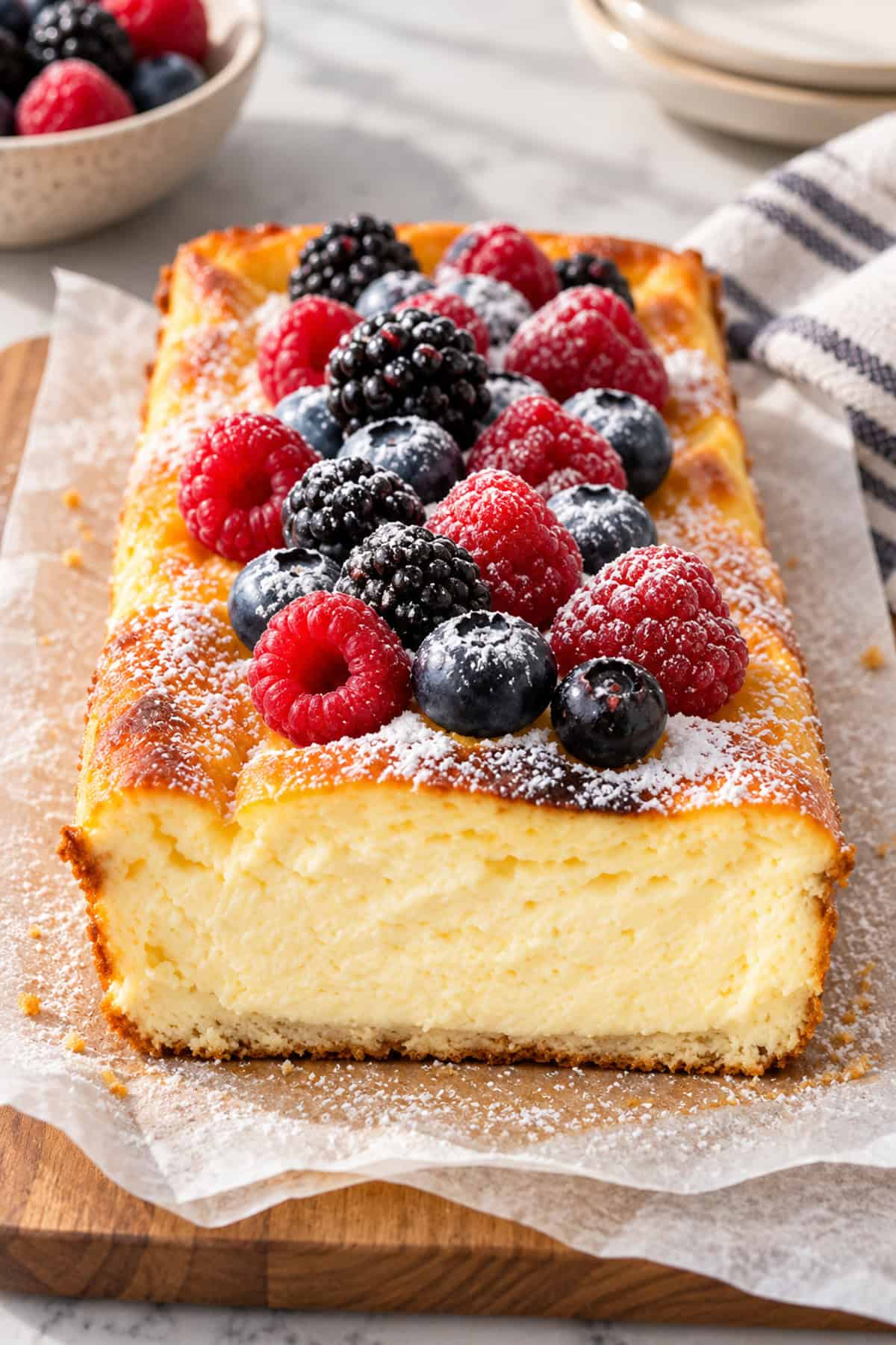 Healthy cheecake topped with berries, sliced on a cutting board lined with parchment paper.
