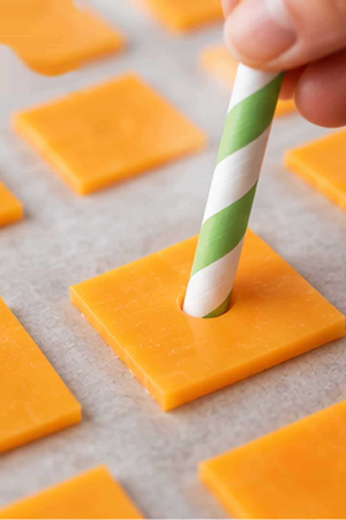 A straw poking a hole in the middle of a cheddar cheese square on a baking sheet.