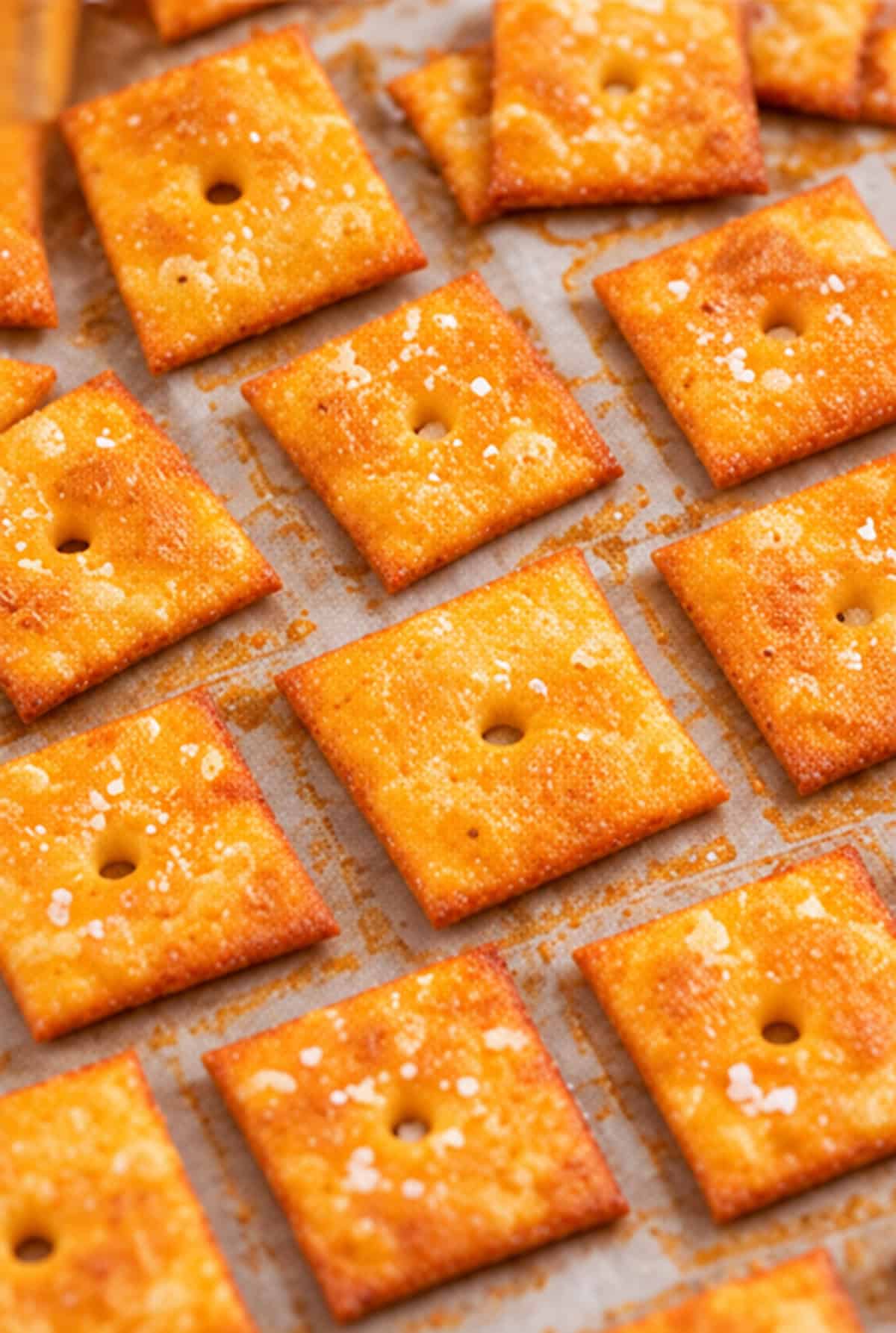 DIY cheez-its on a baking sheet fresh out of the oven, fully baked.