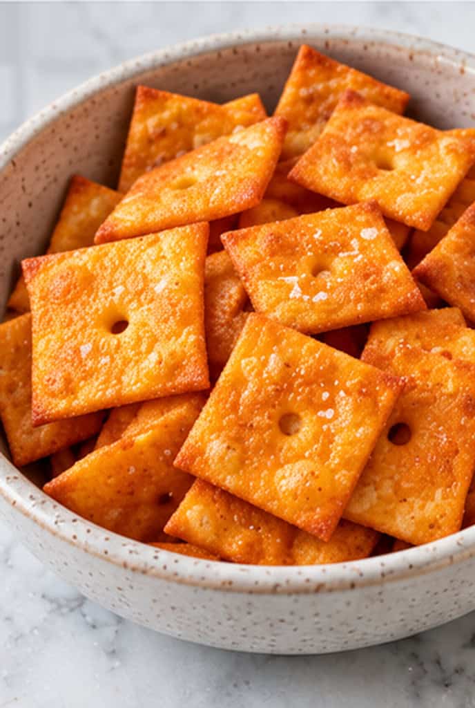 Healthy homemade cheez-its in a white ceramic bowl on a white countertop.