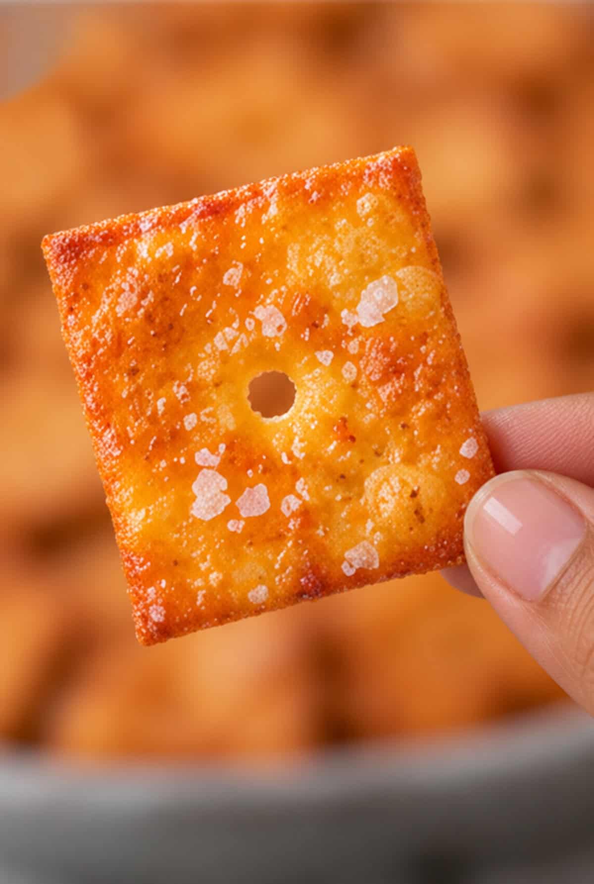 A hand holding a single homemade cheez-it.