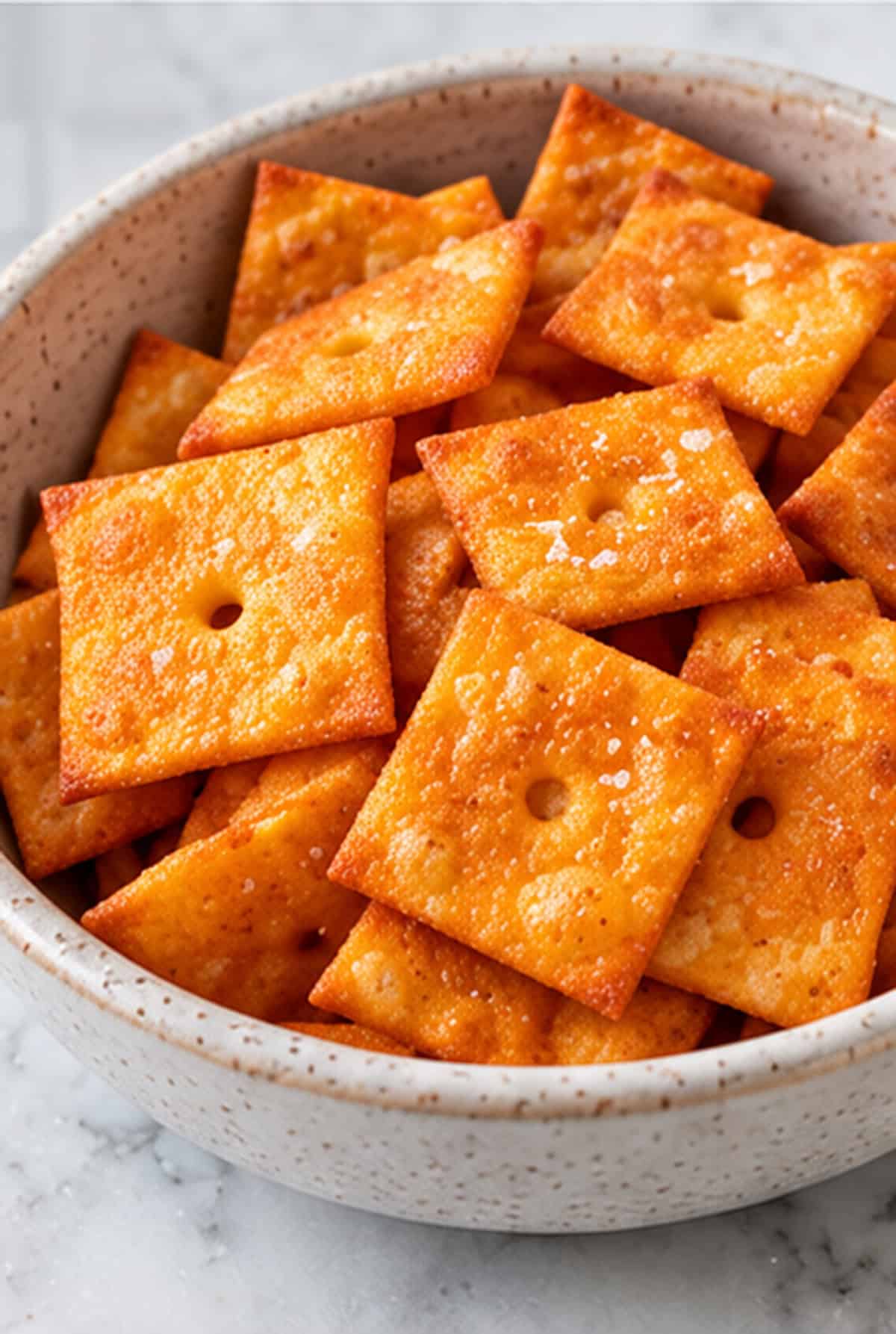 Healthy homemade cheez-its in a white ceramic bowl on a white countertop.