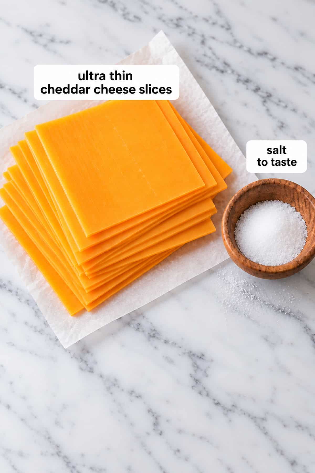 Ingredients for homemade cheez-its recipe on a white marble countertop.